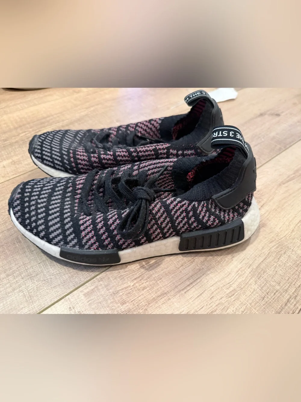 Adidas Men's NMD R1 STLT Black Grey Solar Pink Primeknit Lace-Up Running Sneaker